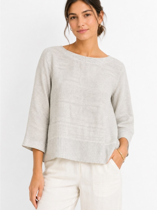 Tahari Tops - Tahari Linen Top | Striped Boxy Blouse | Natural Coastal Relaxed Minimalist | S